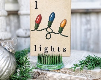 Tarjetas de luces navideñas vintage estilo granja para fiestas