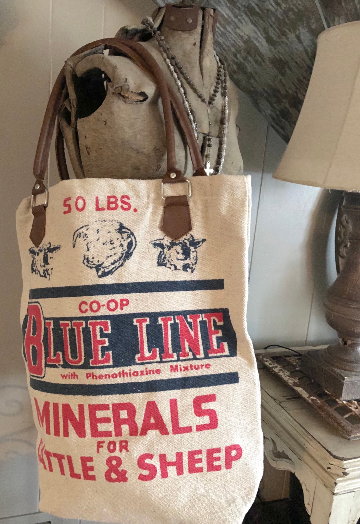 Feed Grain Sack Tote BLUE LINE CoOp Minerals Seed Bag Cattle Sheep Market Tote Bag Purse Feed