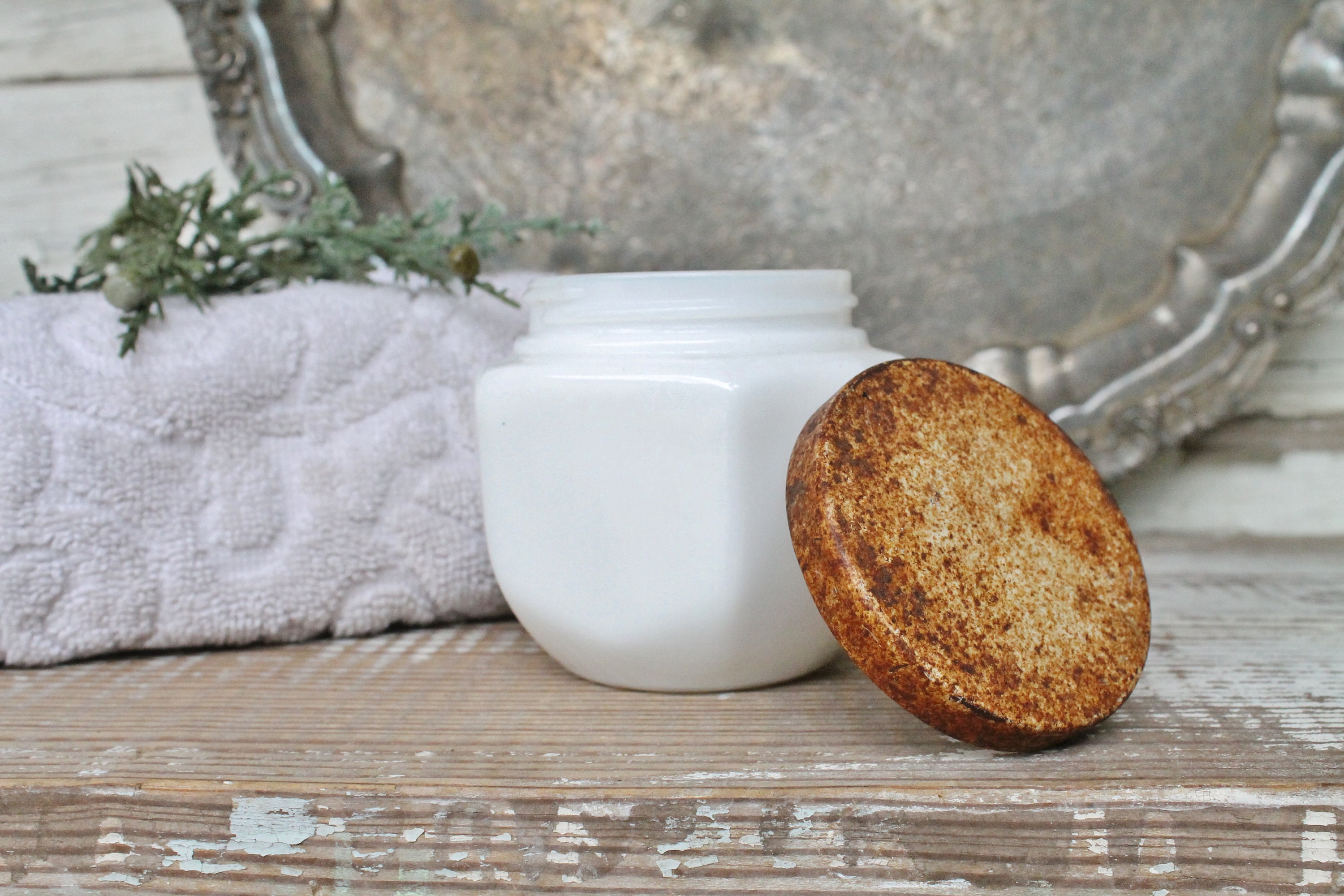 Vintage White Milk Glass Jar Vanity Jar with Metal Lid Farmhouse Decor Vanity Fixer Upper Decor