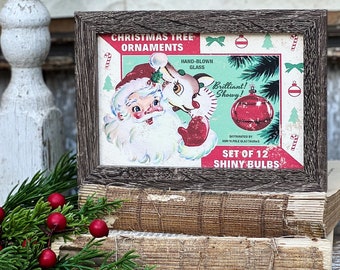 Vintage SANTA ORNAMENTS  RUDOLPH Sign Frame Farmhouse Christmas Winter Decor Barn Wood Rustic Primitive Framed Sign Illustration Retro