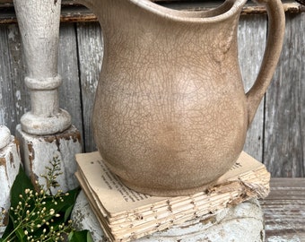 Antique White Ironstone Pitcher Jug Farmhouse Decor Grungy Crazing Stained Crazed England E.T.P Co