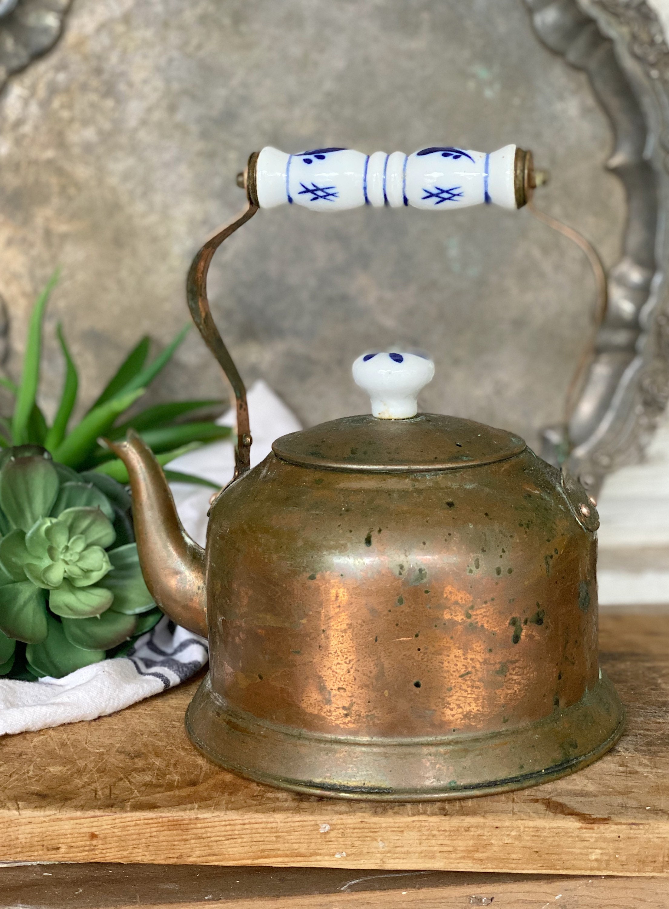Vintage Copper Tea Pitcher Kettle Blue White Delft Handle French