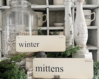 WINTER Flash Cards LARGE Vintage Inspired Word Flashcard SET Of 8 Farmhouse Decor Mittens Cold Icicle Fireplace Hot Chocolate Primitive