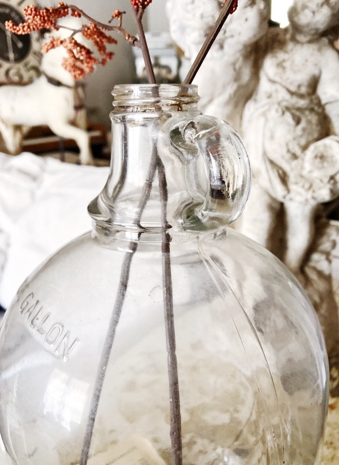Antique Glass Jug Bottle CLEAR Fall Farmhouse Decor Gallon Jug Vase Centerpiece
