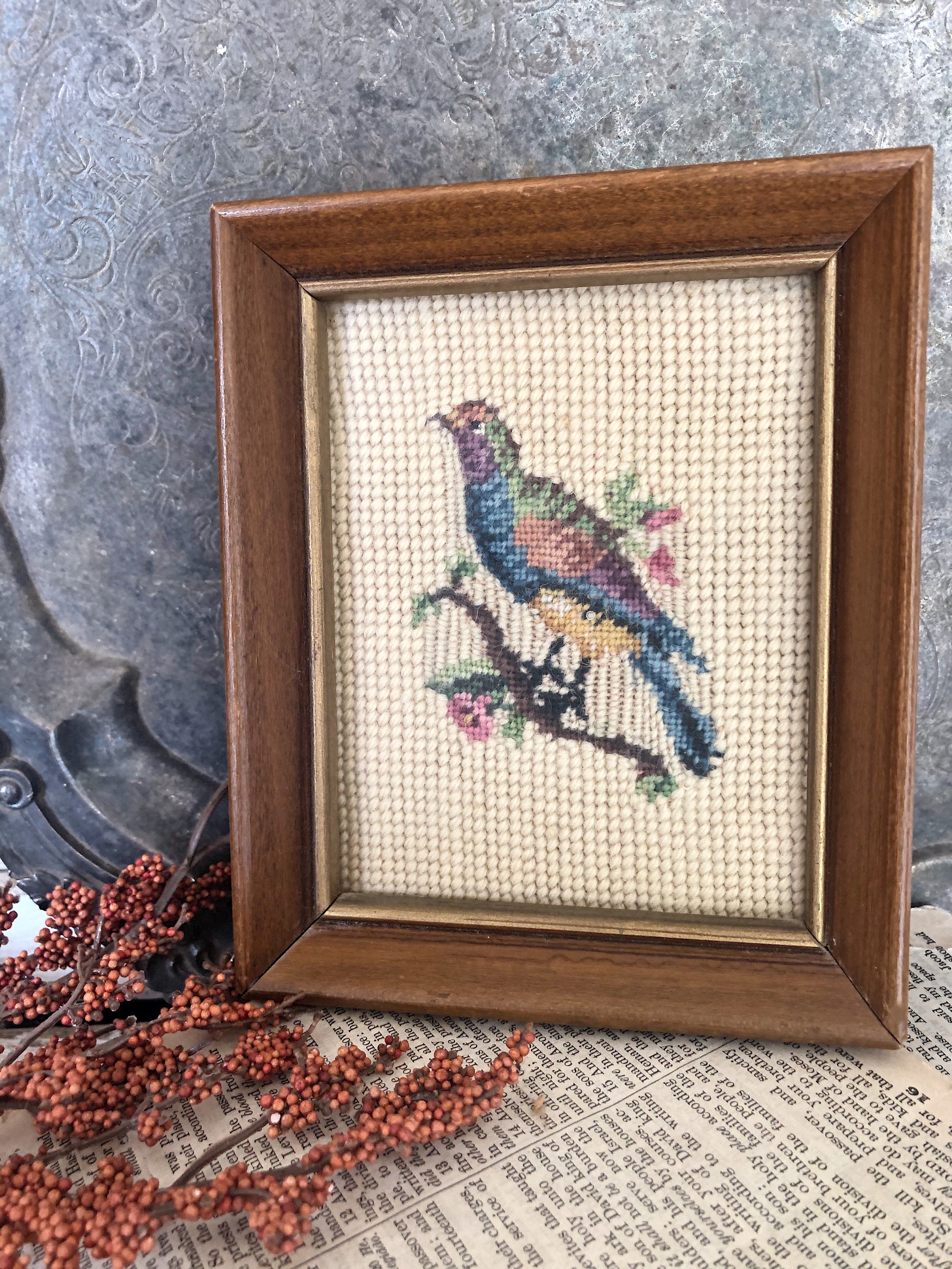 Antique Needlepoint Framed Yarn Wall Hanging Wool Farmhouse Decor Bird