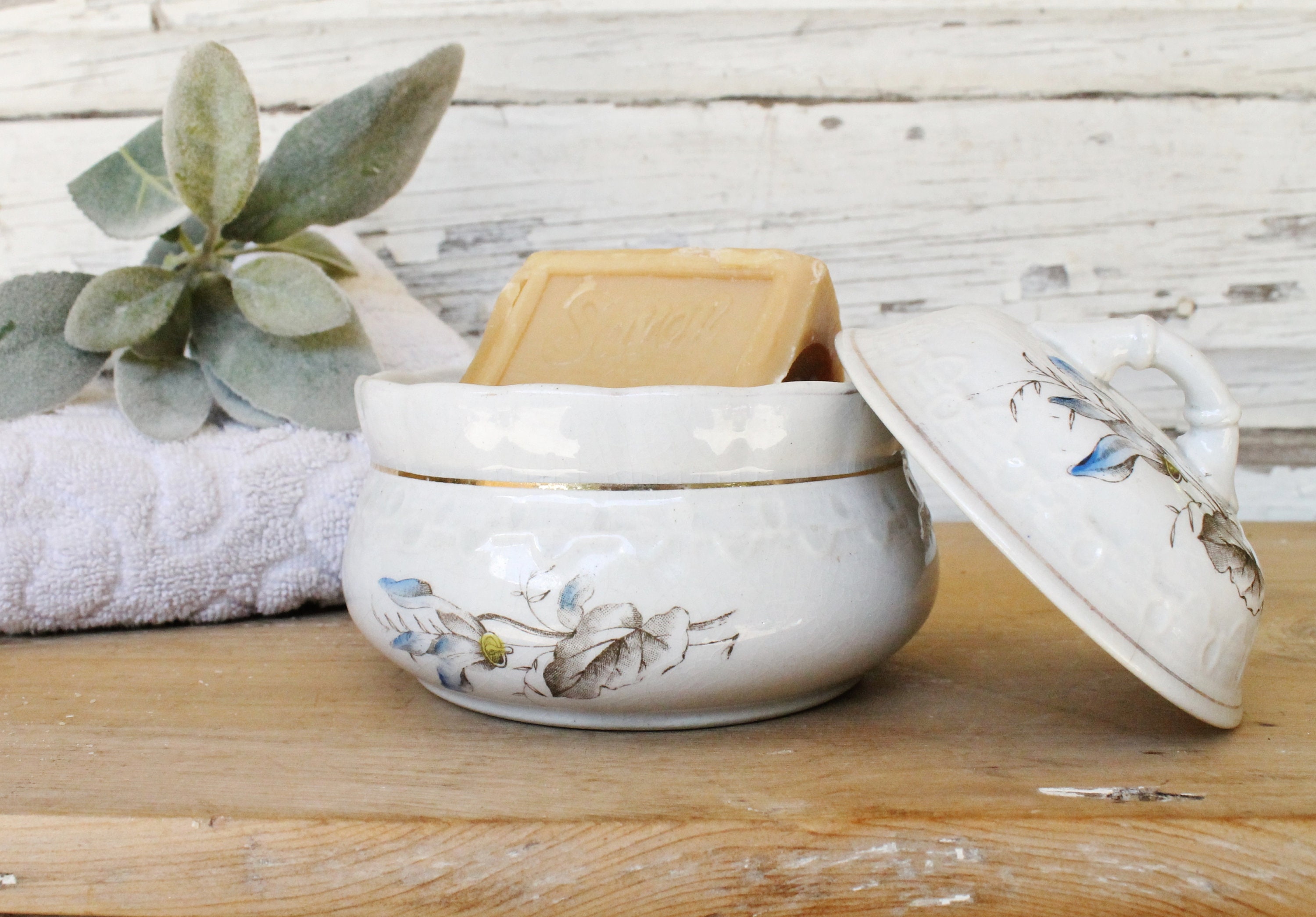 Antique White Ironstone Soap Dish Bowl with Lid French Farmhouse Decor