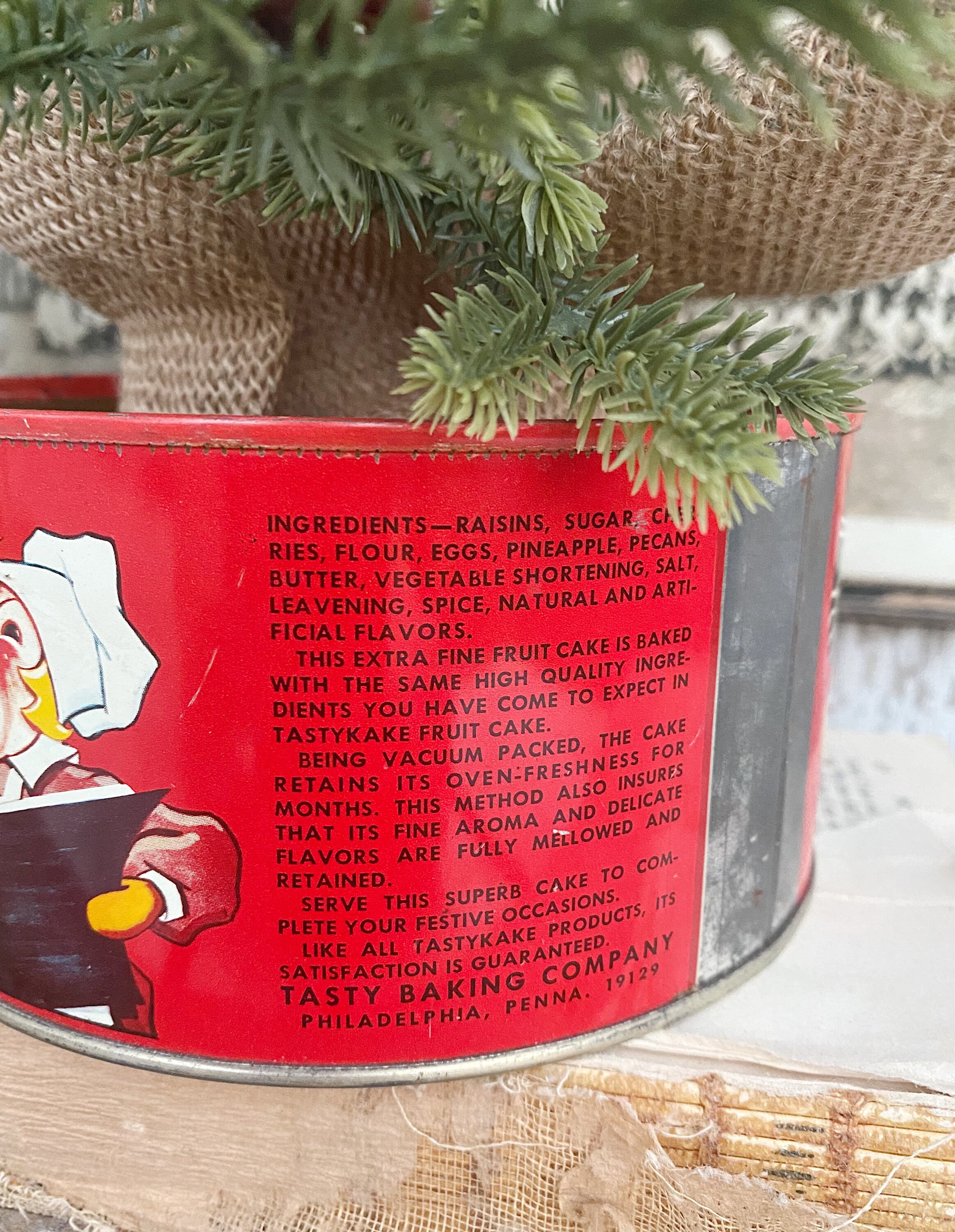 Vintage TASTYKAKE Holiday FRUIT CAKE Can Tin Canister Red Metal Box