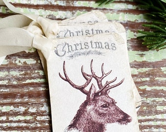 Christmas Vintage Deer Gift Tags REINDEER Farmhouse Christmas Decor Card French Shabby Gift Wrap