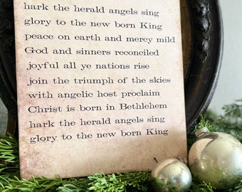 Hark The Herald Angels Sing Sign Wood Vintage Christmas Decor  Mounted Farmhouse  Decor Book Page Primitive