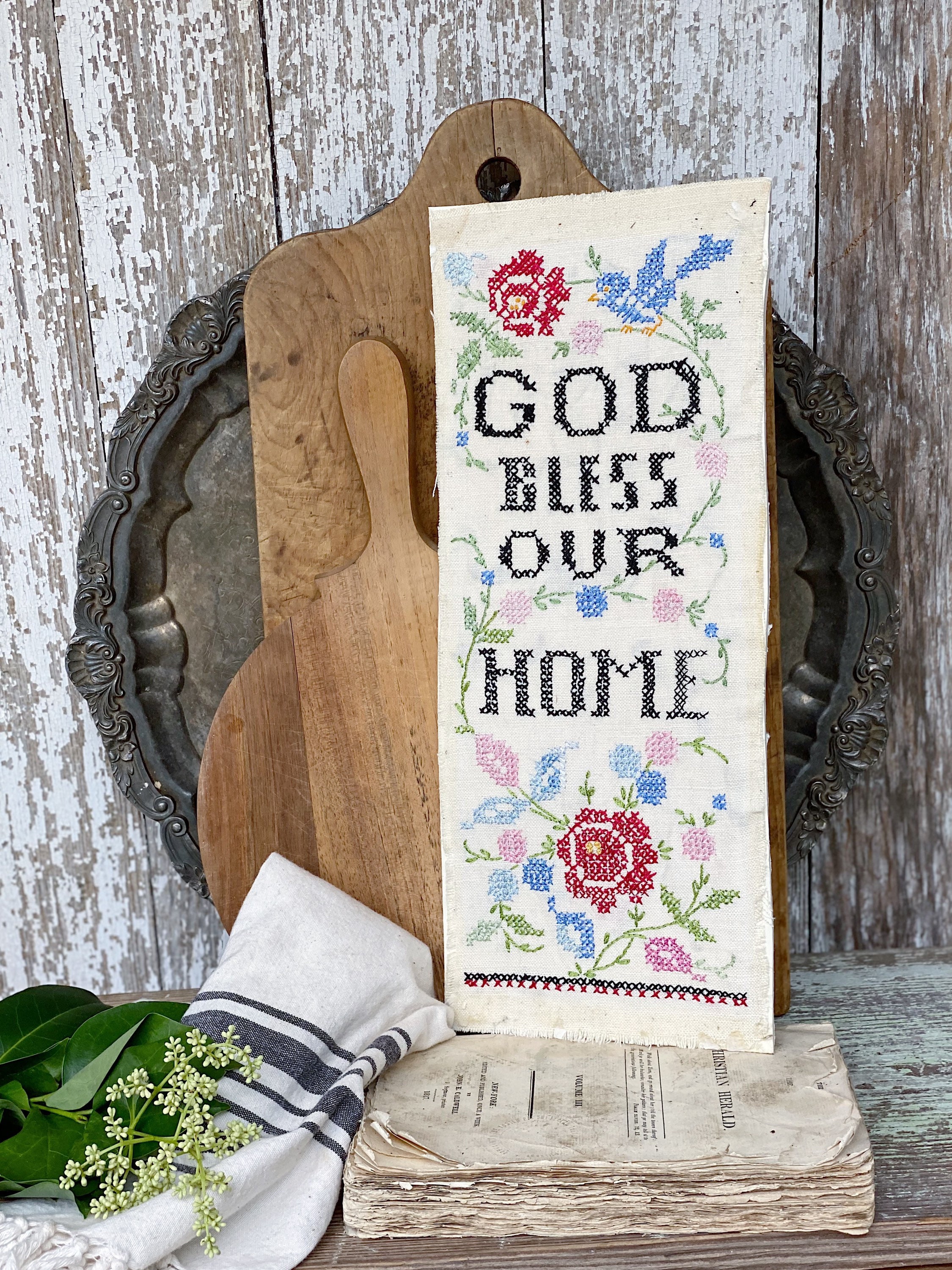 Antique Cross Stitch God Bless Our Home SAMPLER Needlepoint Yarn Wall