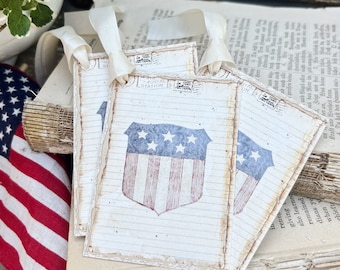 PATRIOTIC SHEILD FLAG Vintage Gift Tags Americana Farmhouse Decor Card Set of 8 usa