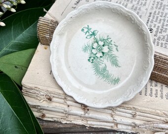 Antique White Ironstone Butter Pat GREEN Floral Farmhouse Decor Transferware Crazed Stained