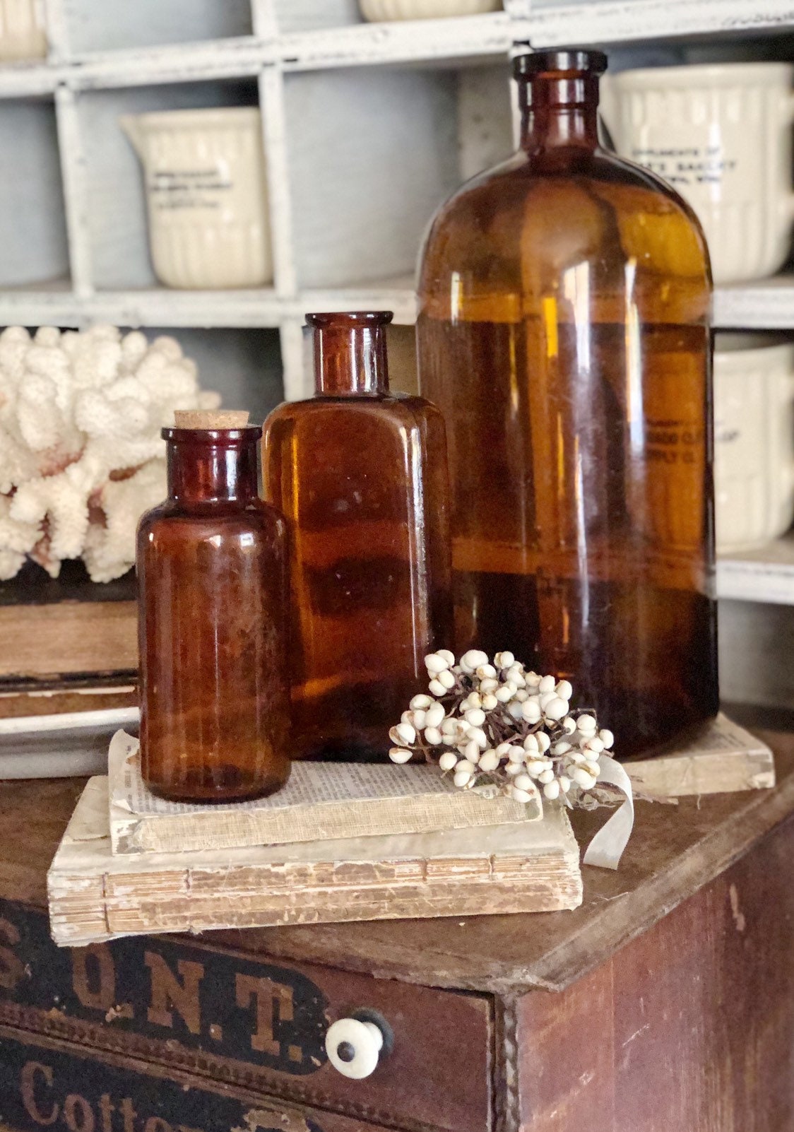 Antique Amber Glass Jug Bottle Brown EXTRA LARGE Glass Apothecary