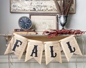 FALL Banner Vintage Book Page BANNER Bunting Pennant Sign Farmhouse Decor Garland Rustic School Book Page Art