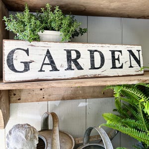 GARDEN Sign Salvage Barn Wood Farmhouse Decor Reclaimed White Chippy Paint French Country Architectural Industrial Painted Rustic Wall Sign