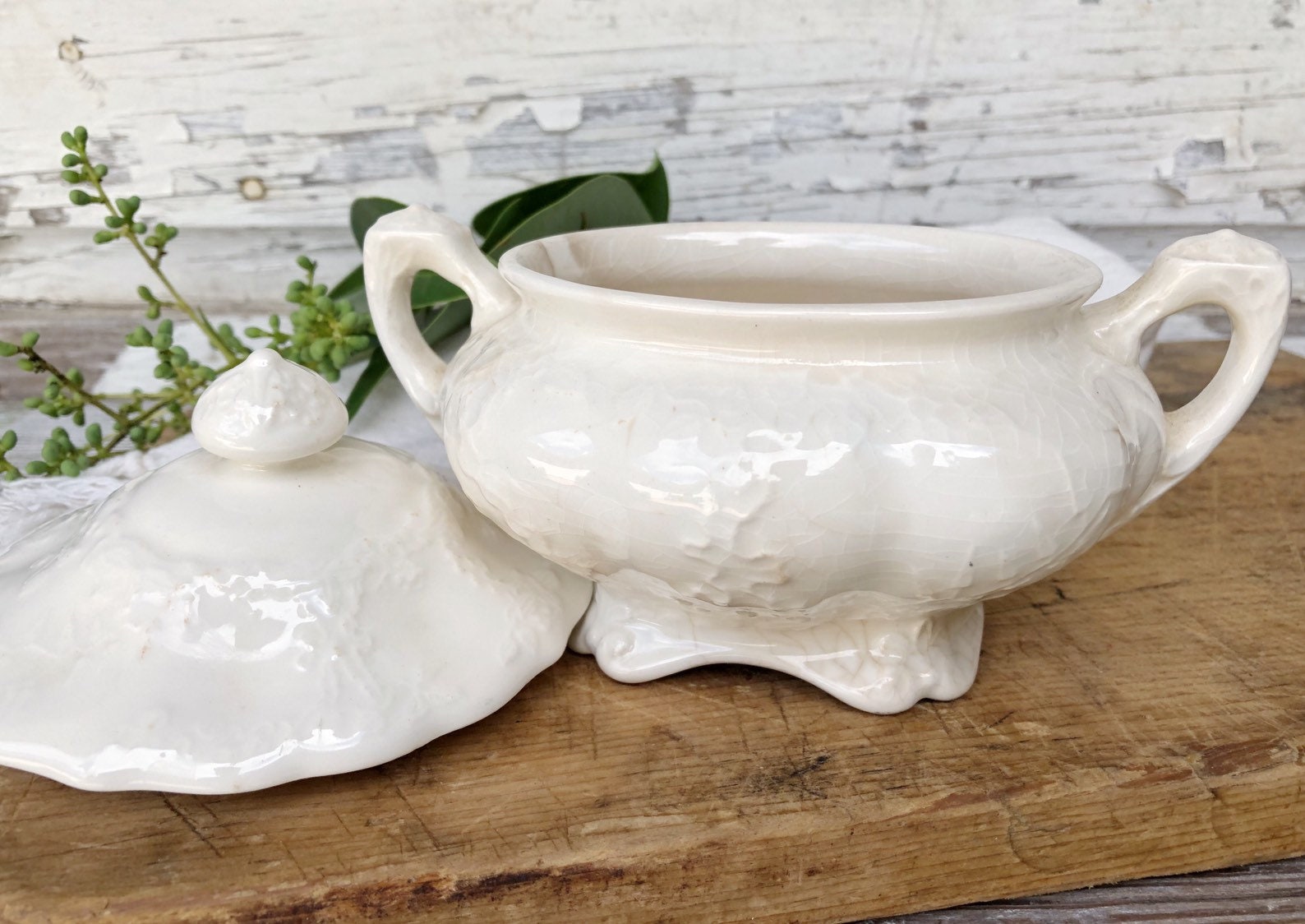 Antique Ironstone Sugar Bowl Creamy White Ironstone Farmhouse Decor
