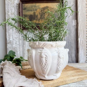 May include: A white ceramic planter with ornate embossed detailing, filled with vibrant green rosemary sprigs. The planter sits on a wooden cutting board, with a linen cloth draped nearby. A framed landscape painting is in the background.