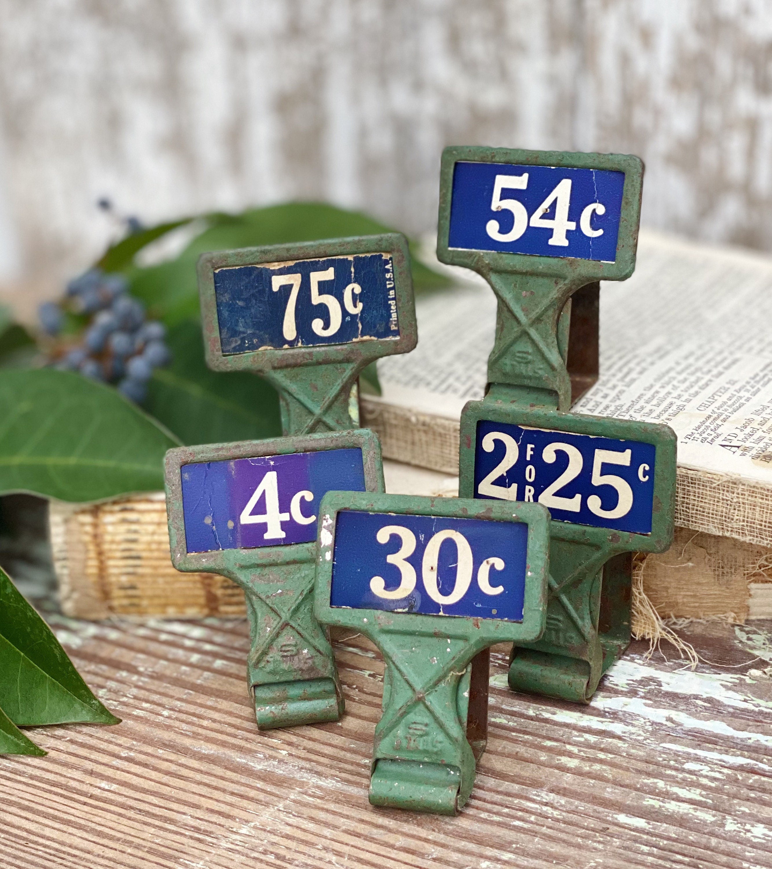 Vintage Metal Price Tag Holder GREEN with BLUE Price Tag Card Antique Mercantile Shelf Clip