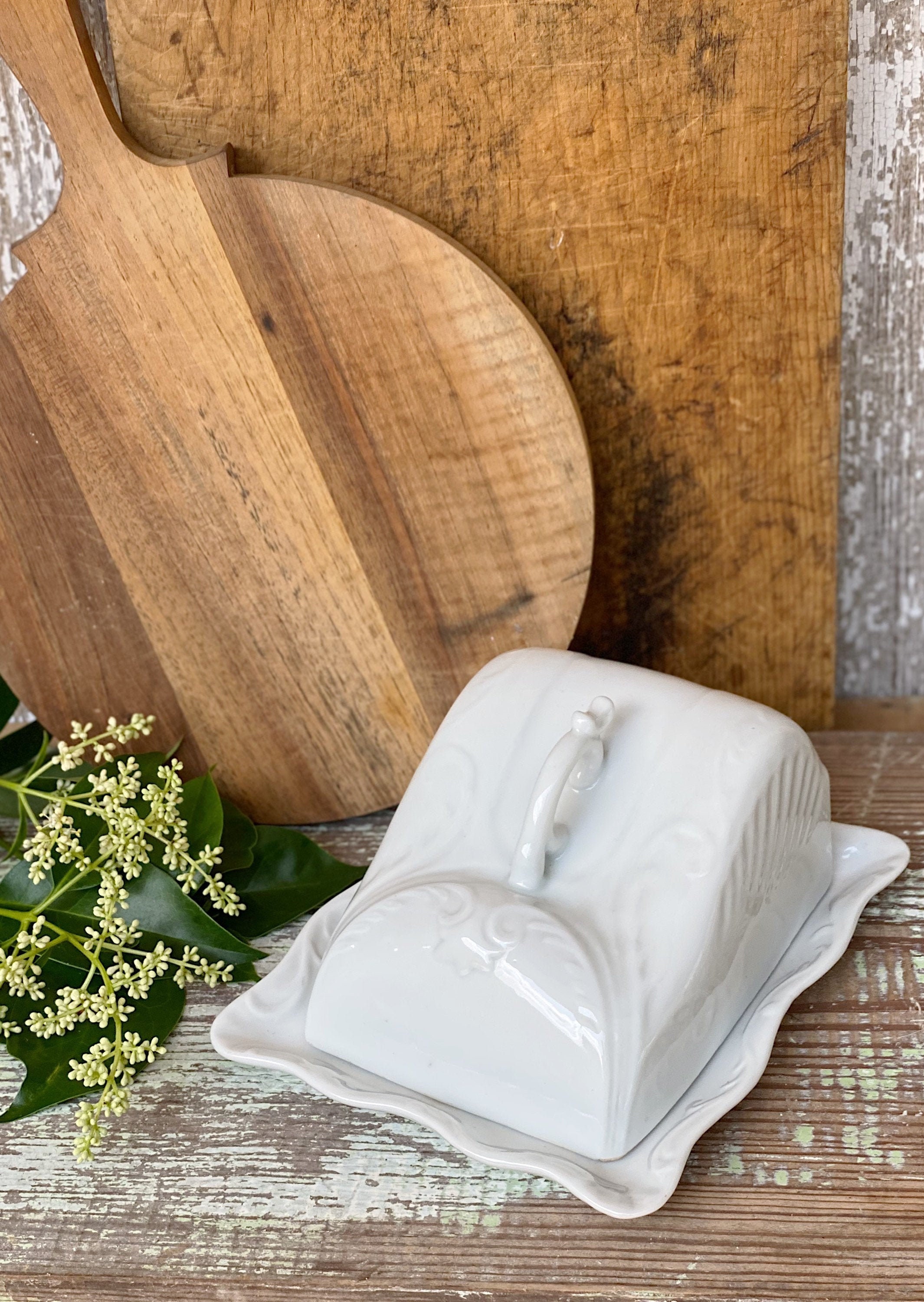 Antique White Ironstone Cheese Cover Dome Lid With Platter