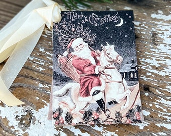 Christmas Vintage Gift Tags Old World SANTA CLAUS On HORSE St Nick  Farmhouse Christmas Decor Card French Shabby Gift Wrap Merry Christmas