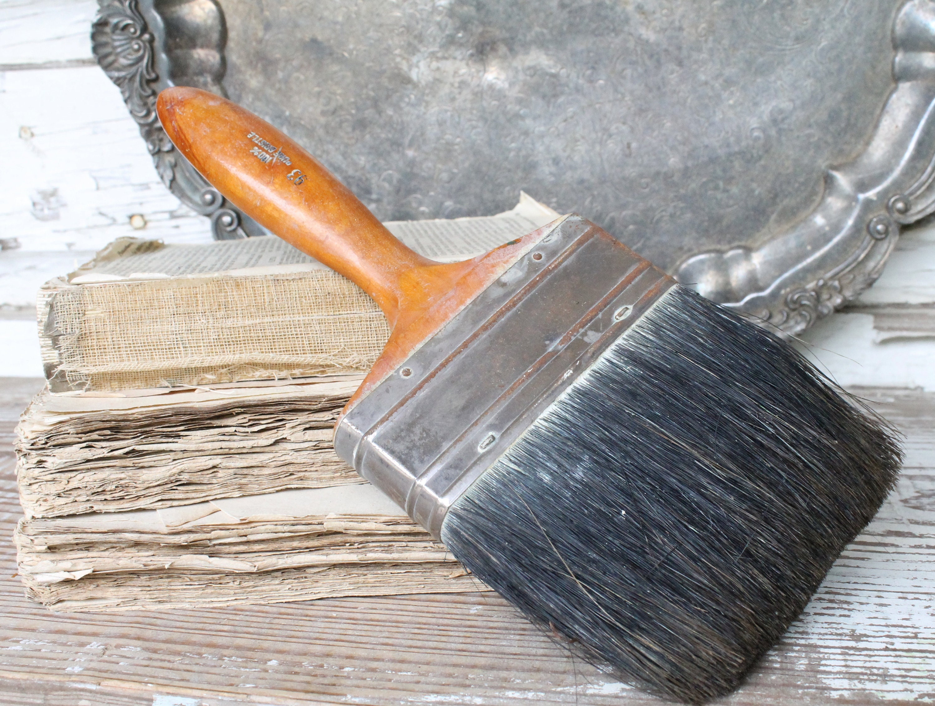 Vintage Paint Brush EXTRA LARGE Horse Hair Black Brown Farmhouse Decor