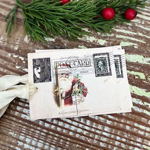 Etiquetas de presente de Natal vintage, Papai Noel com pacotes, cartão postal, decoração de fazenda, cartão, embrulho de presente francês, enfeite de árvore de Natal