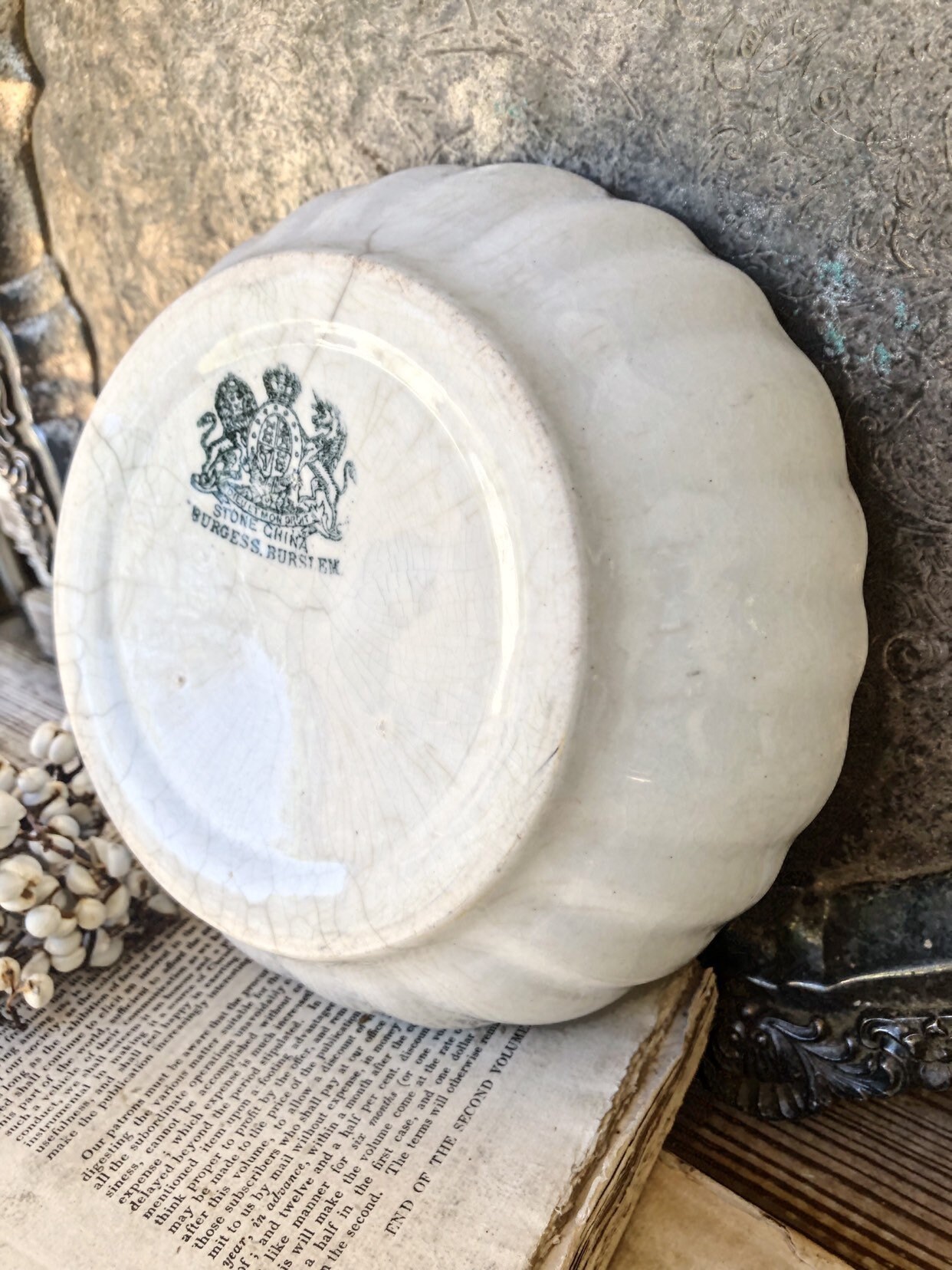 Antique White Ironstone Bowl Lady Finger Scallop BURGESS BURSLEM Bowl