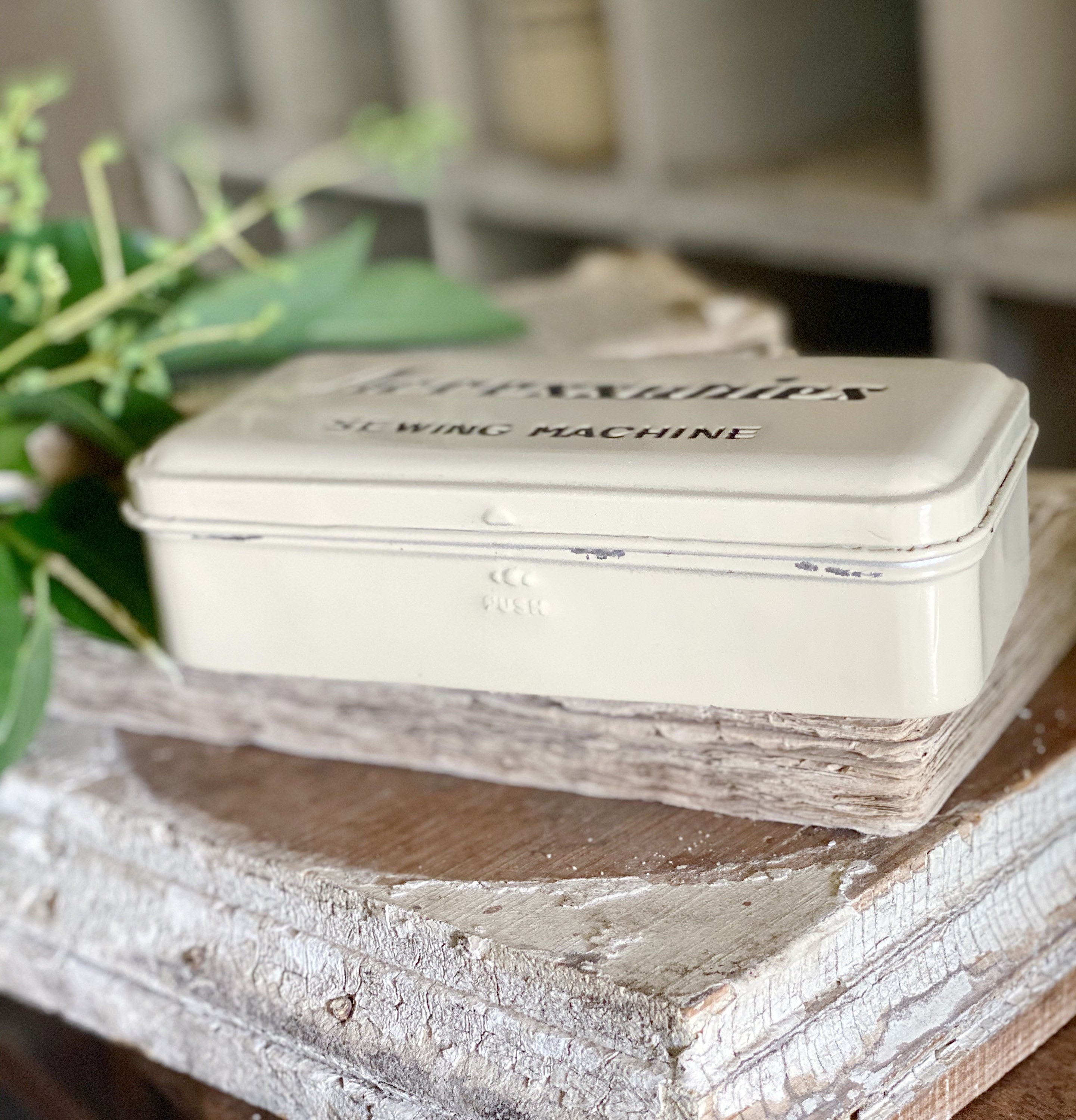 Vintage Metal ACCESSORIES Sewing Box Creamy White Black Farmhouse Decor