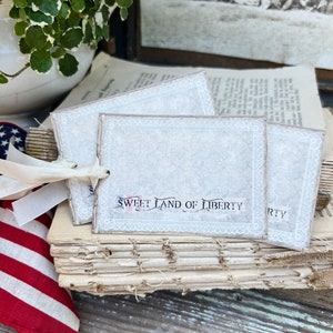 Etiquetas de presente patrióticas vintage Sweet Land Liberty, bandeira americana, conjunto de 8 cartões de decoração de fazenda para o dia 4 de julho, EUA