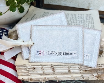 SWEET LAND LIBERTY Vintage Patriotic Gift Tags Americana Flag Farmhouse Decor Card Set of 8 usa