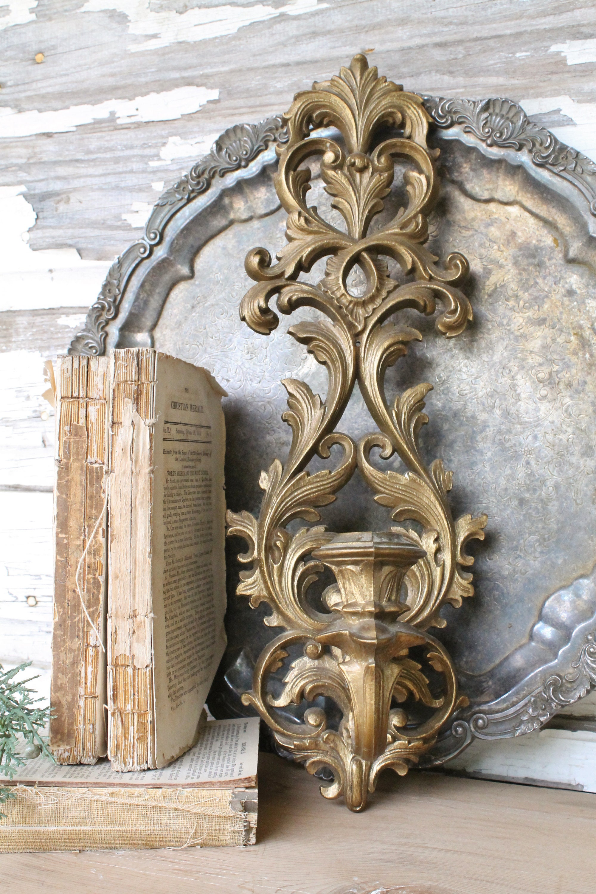 Vintage Gold Floral Candle Sconce French Farmhouse Fixer Upper