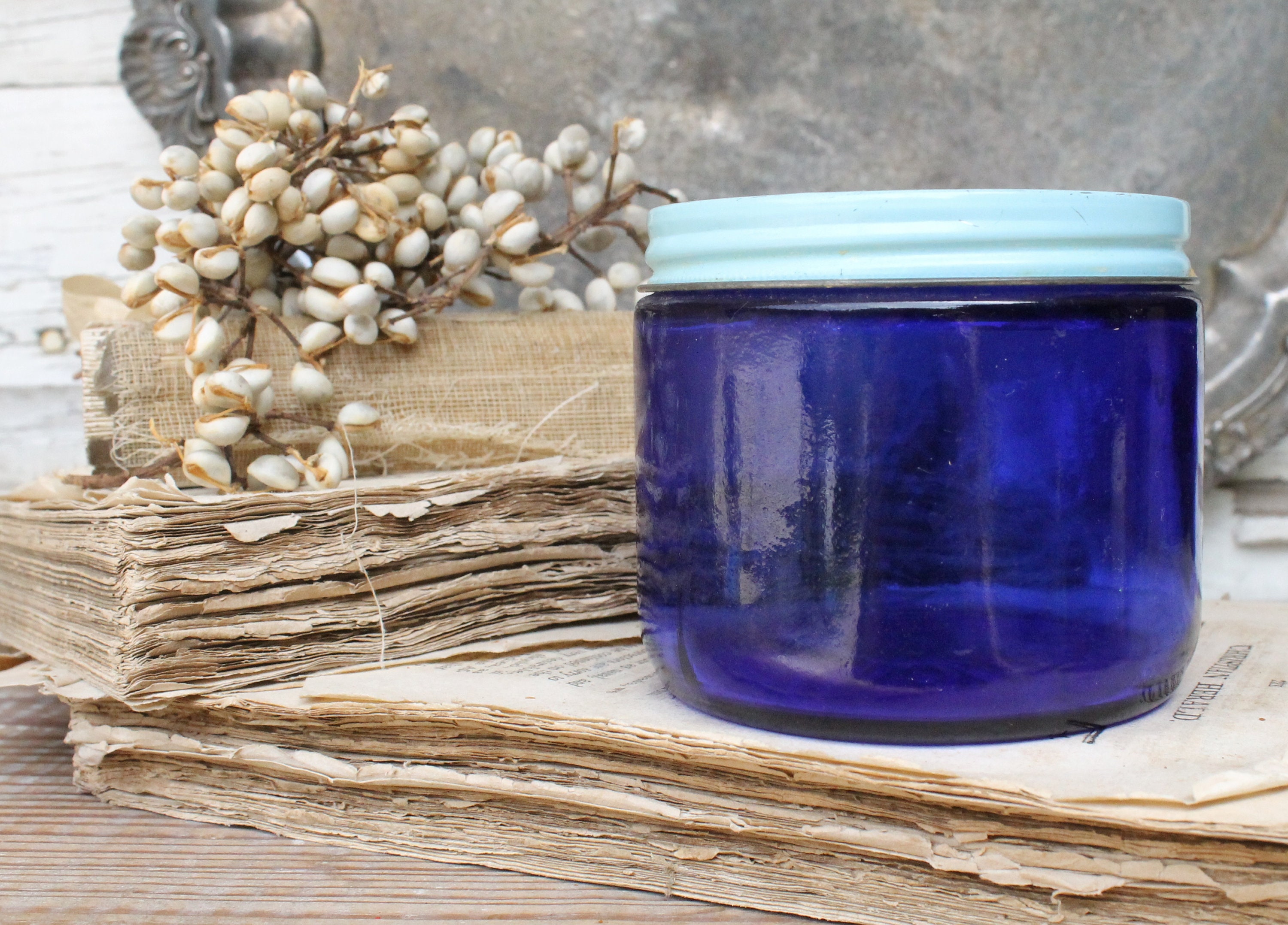 Vintage NOXZEMA Glass Jar COBALT BLUE Noxzema Shaving Lid Farmhouse