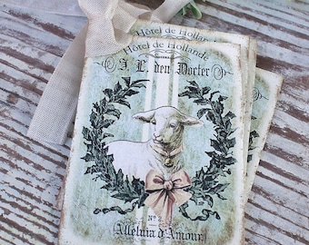 EASTER Vintage Gift Tags Lamb Grain Sack Laurel Wreath French  Sheep Farmhouse Decor Card Shabby SET OF 8