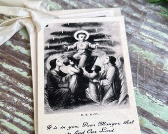 Gift Tags Infant BABY JESUS MANGER with Angels Tree Farmhouse Decor French Prayer Card Religious Christmas Christian Catholic
