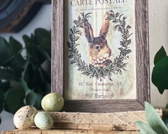 EASTER RABBIT BUNNY Framed Sign Grain Sack Farmhouse Decor Barn Wood Rustic Laurel Wreath