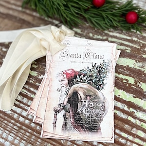 Geschenkanhänger Weihnachten Vintage WEIHNACHTSMANN mit Baum und Pfeife Bauernhaus Weihnachtsdeko Weihnachtskarte Shabby Geschenkverpackung