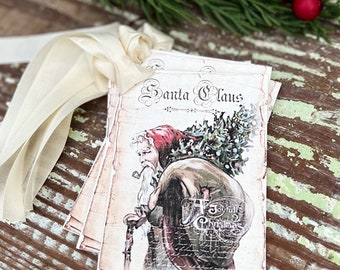 Christmas Gift Tags Vintage SANTA CLAUS with Tree and Pipe Farmhouse Christmas Decor Christmas Card French Shabby Gift Wrap