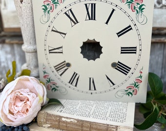 Antique Clock Face Farmhouse Decor Industrial Salvage Metal Painted Clock Dial FLOWERS Folk Art Primitive