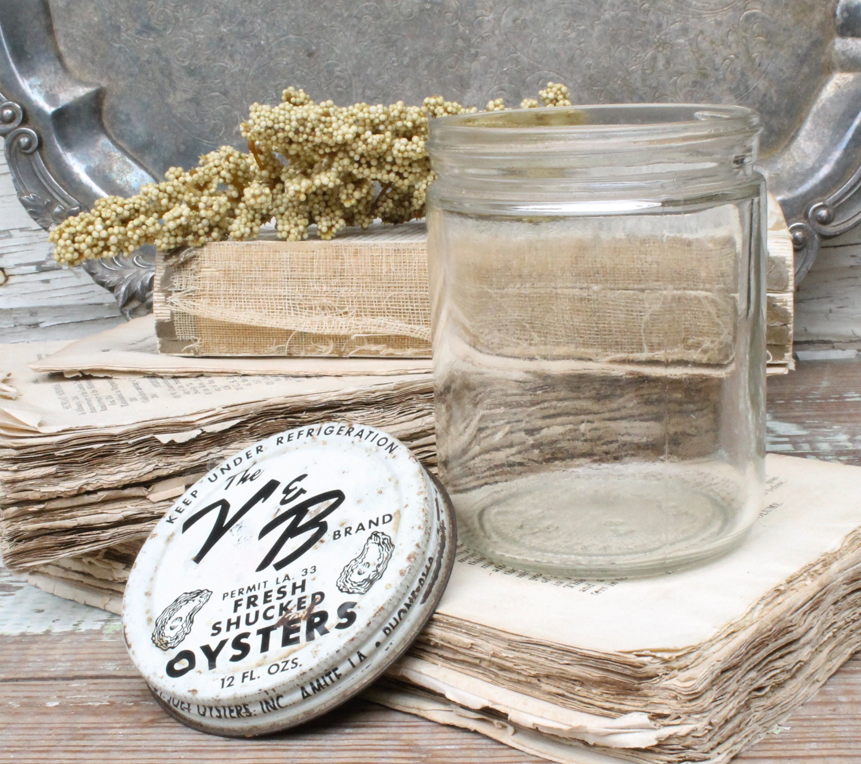 Vintage OYSTER Glass Jar with Lid Black and White BALL JAR Container