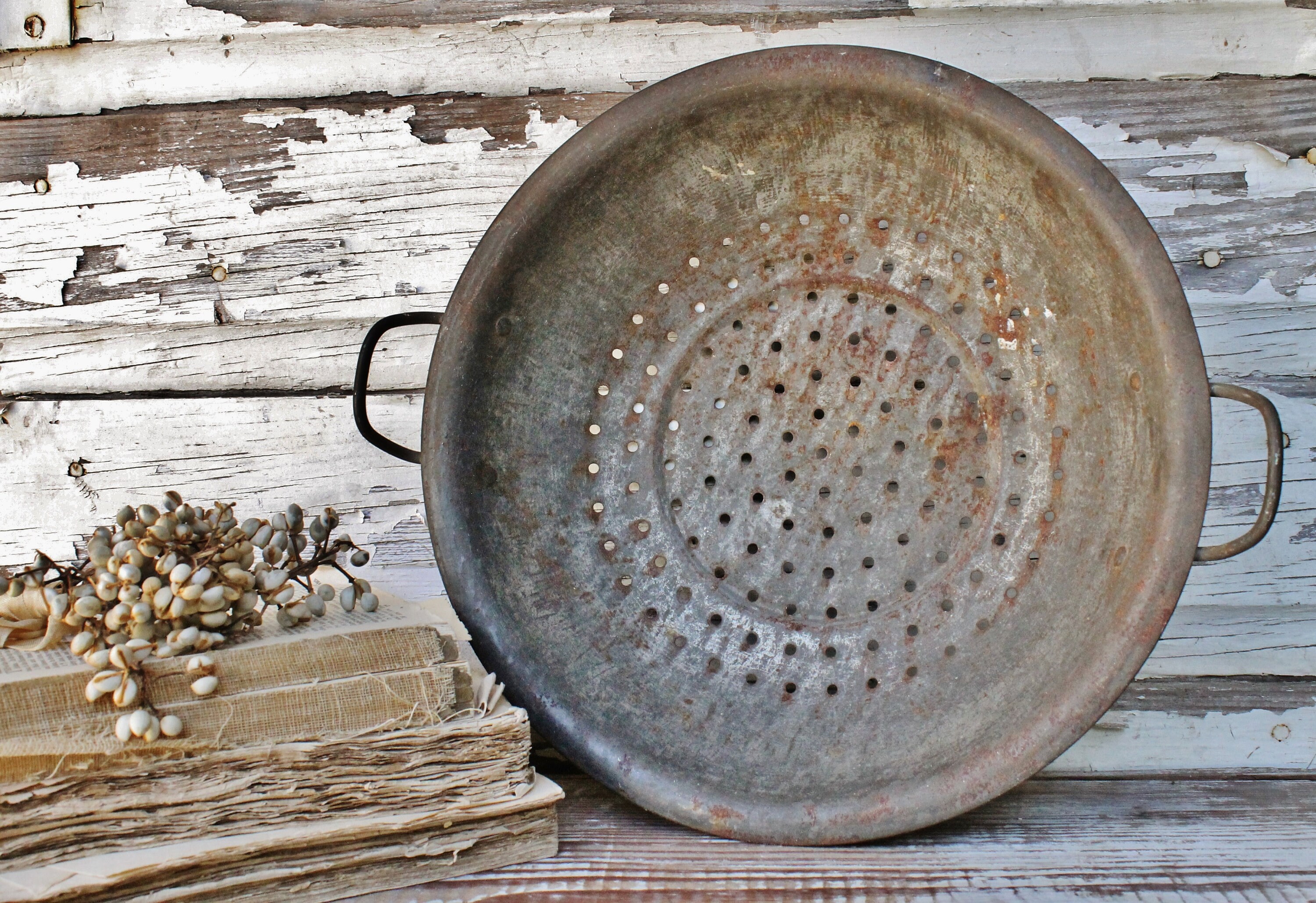 Vintage Metal Strainer Colander White Handles Primitive Farmhouse Decor