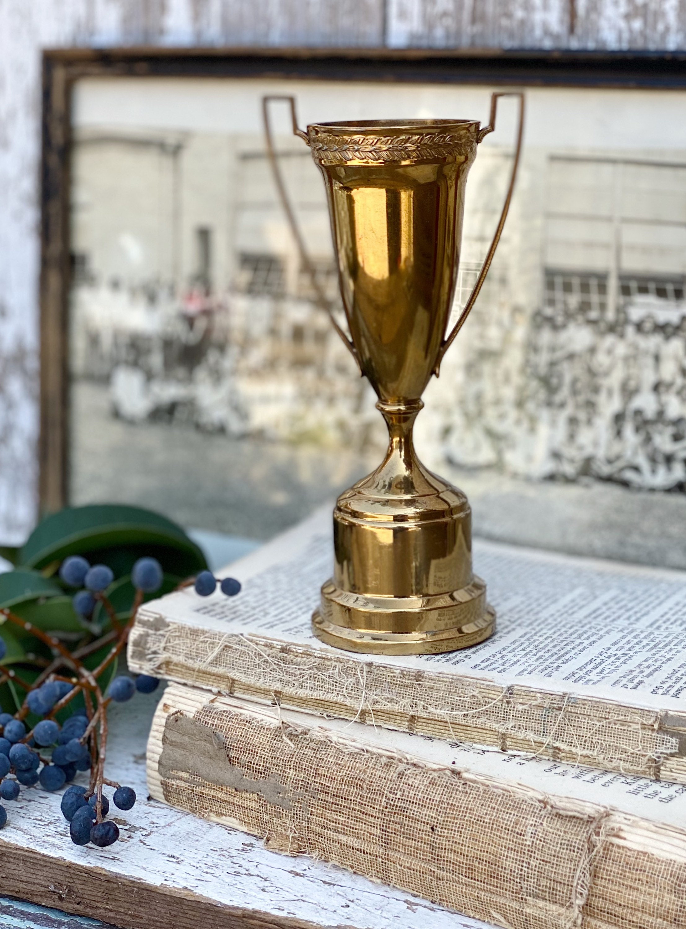 Antique Loving Cup Trophy Copper Brass Engraved Farmhouse Decor