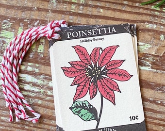 Christmas Gift Tags Vintage POINSETTIA SEED PACKET Red Farmhouse Decor Gift Wrap