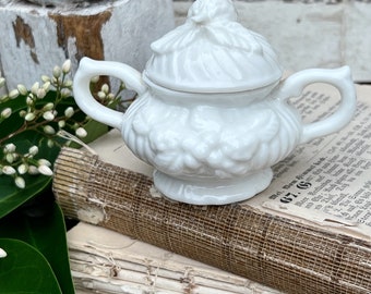 Vintage White Ironstone Sugar Bowl Jar Childs Tea Set Strawberry Farmhouse Decor