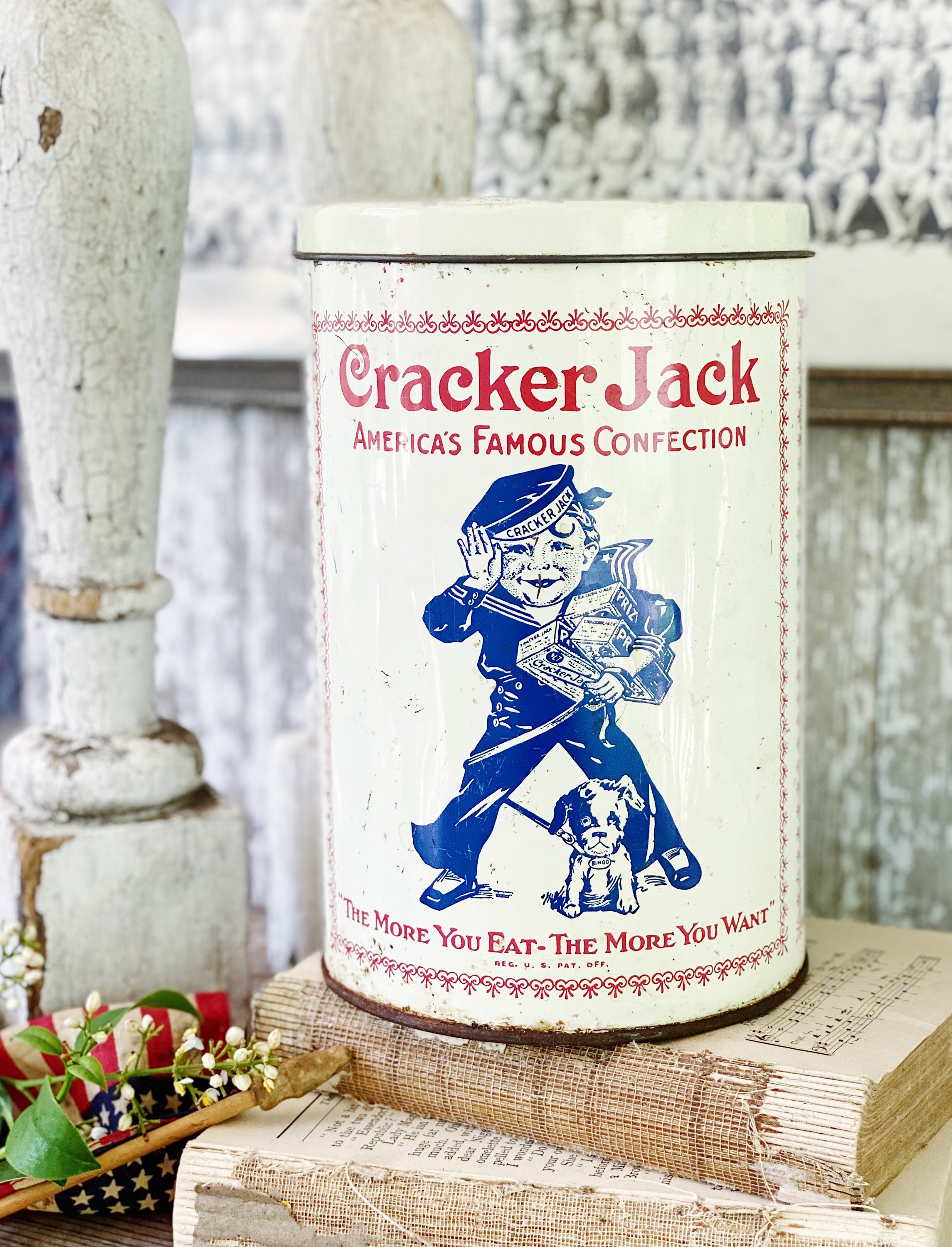 Vintage CRACKER JACK Tin Can Red White Blue Farmhouse Decor Industrial