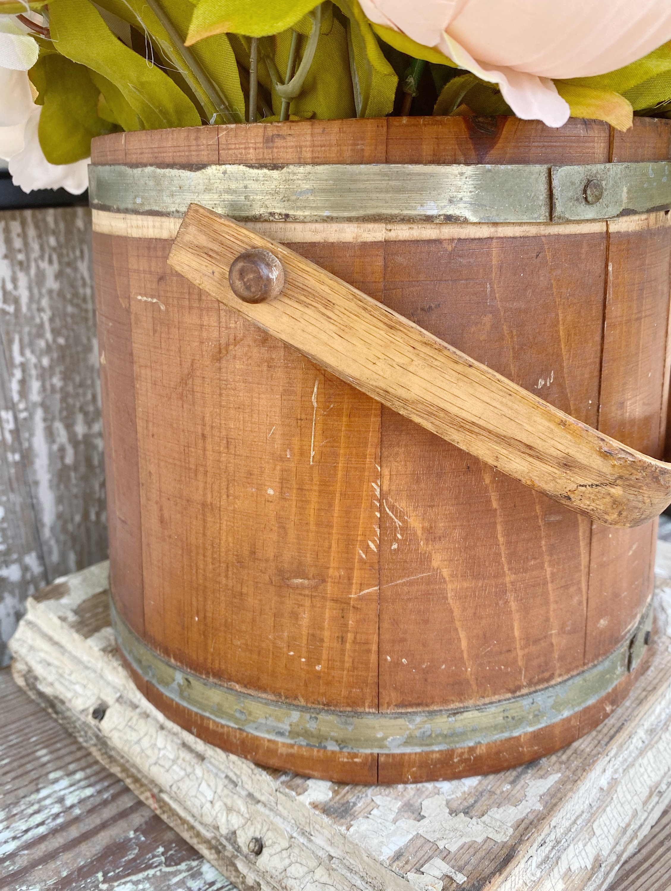 Antique Wood Bucket Firkin Sugar Barrel Stave with Handle Primitive