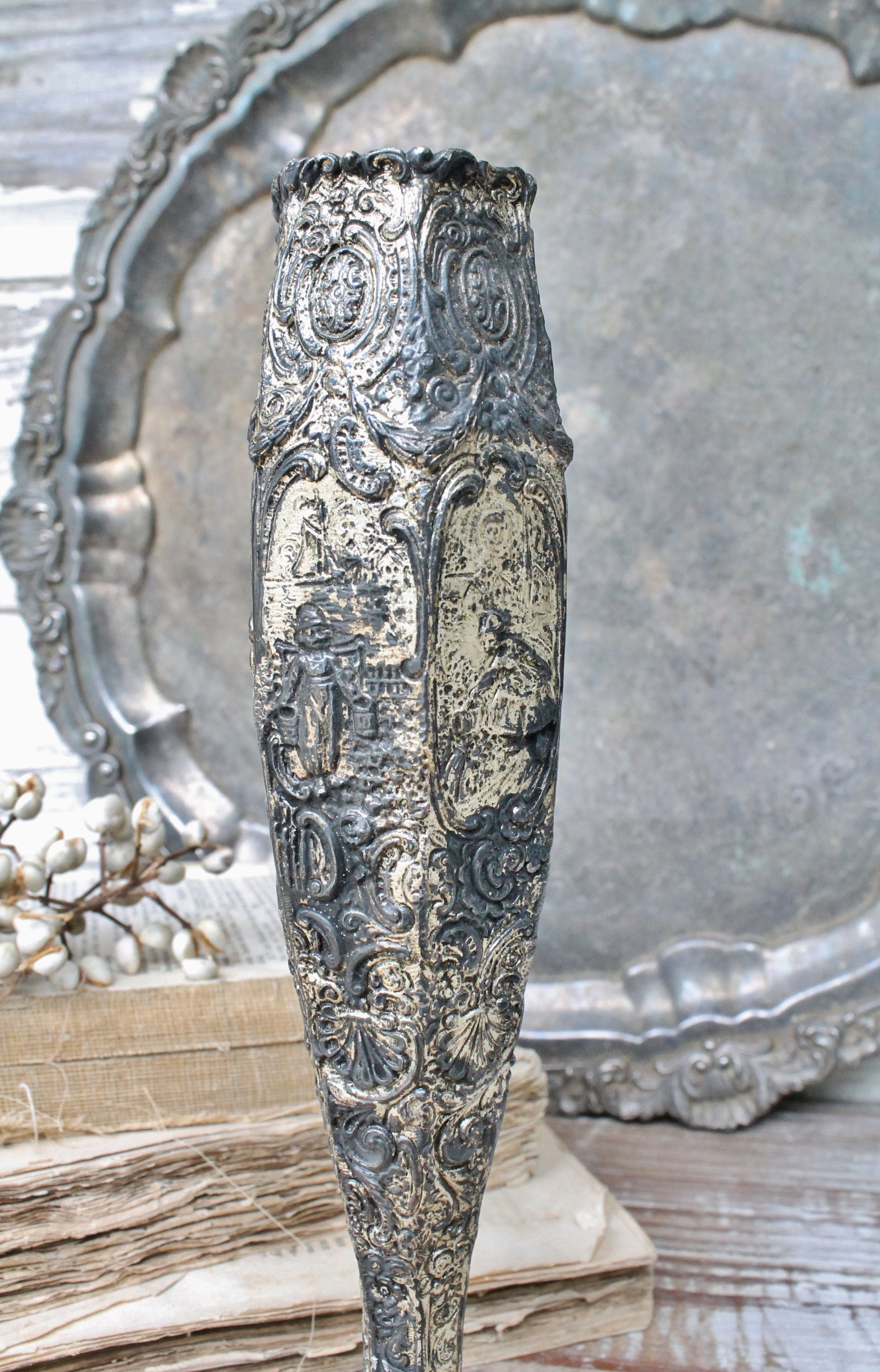 Antique Vase Bud Silver Metal Vase Floral Farmhouse Decor Fixer Upper Decor