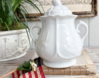 Antique Ironstone Sugar Bowl Biscuit Jar- Clementson Hanley England, Farmhouse Kitchen Decor