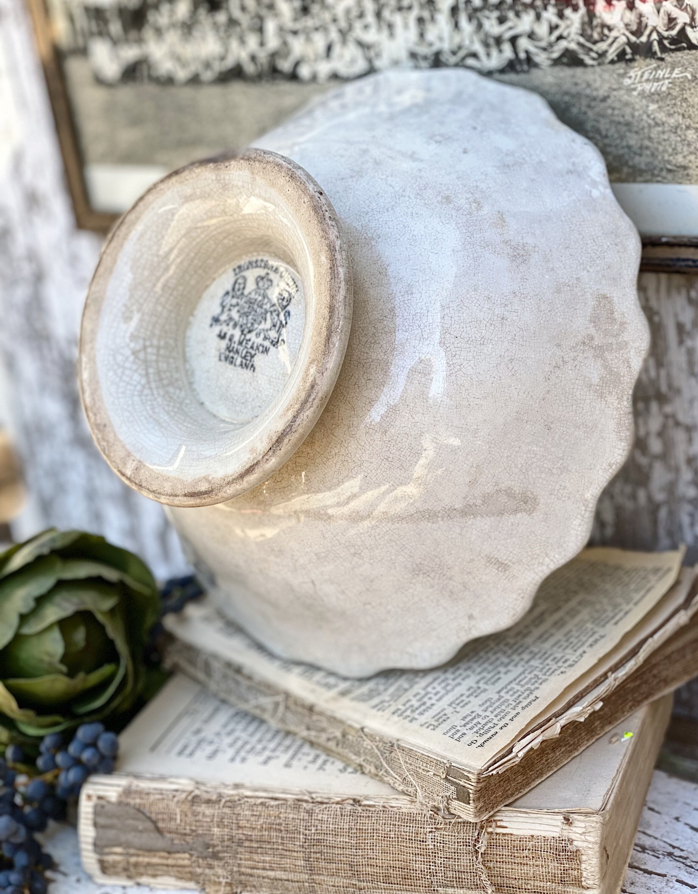 Antique White Ironstone Compote Bowl Lady Finger Scallop Footed MEAKIN