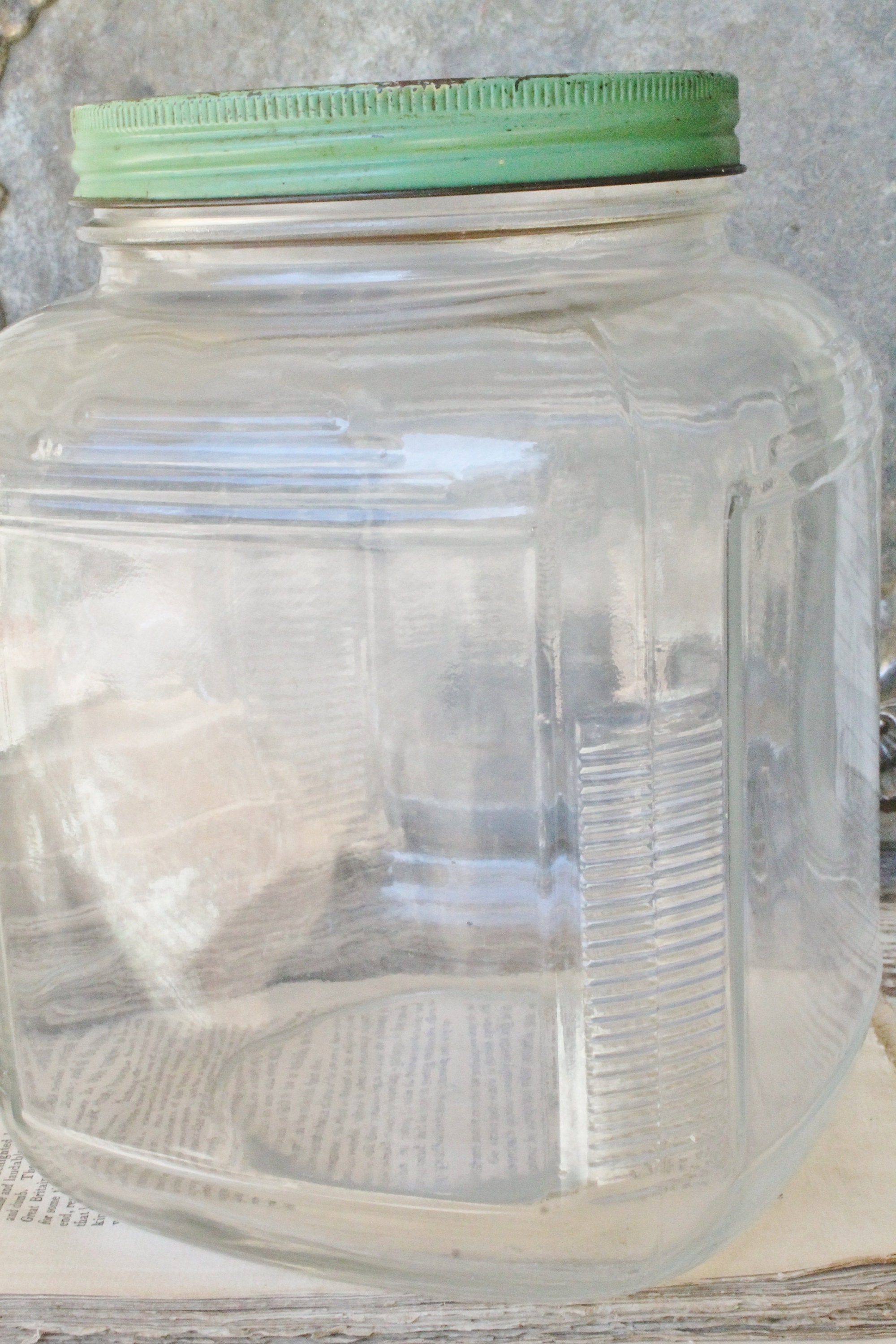Vintage HOOSIER Glass Jar with GREEN Lid Container Farmhouse Decor