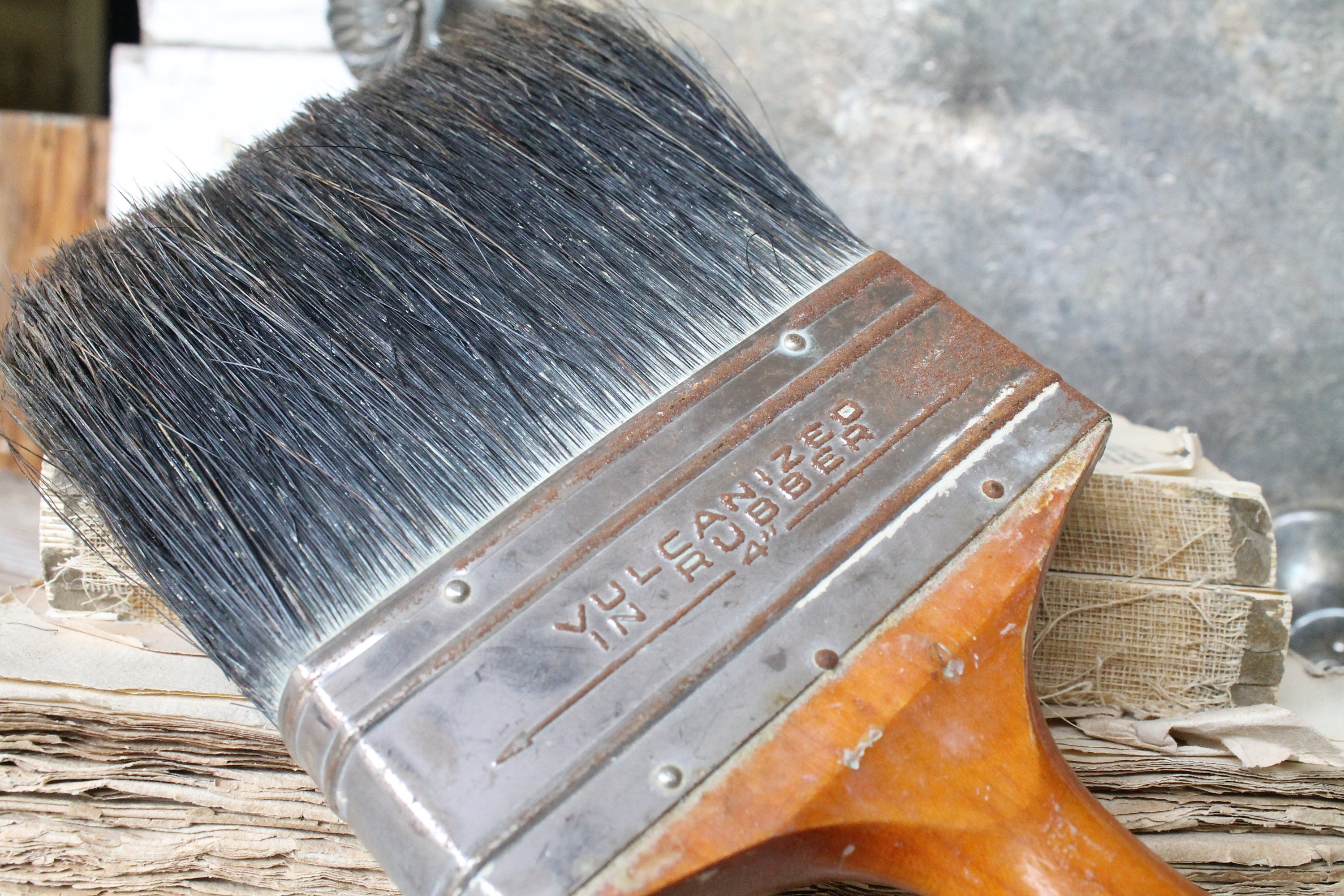 Vintage Paint Brush EXTRA LARGE Horse Hair Black Brown Farmhouse Decor